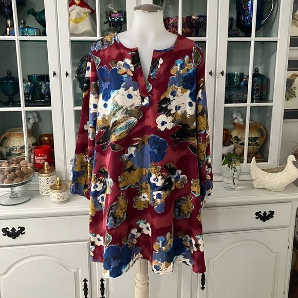 Burgundy Floral Dress  Size Large  Newbury Kustom - Picture 1 of 10